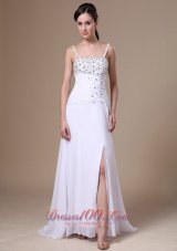 Spaghetti Straps High Slit Beaded Chiffon Prom Pageant Dress