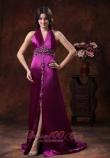 High Slit Halter Prom Dress Brush Train Beaded