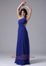 One Shoulder Blue Beaded Chiffon Prom Evening Dress