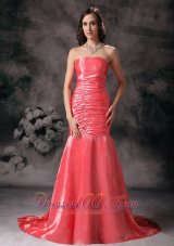 Mermaid Watermelon Red Strapless Ruched Prom Dress