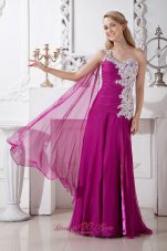 Watteau Train Fuchsia One Shoulder Appliques Prom Evening Dress