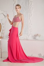 Spaghetti Straps Hot Pink Beaded Chiffon Prom Pageant Dress
