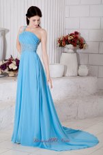 One Shoulder Aqua Blue Brush Train Prom Dress