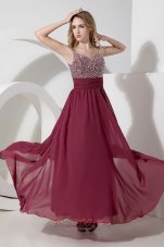 Spaghetti Straps Ankle-length Burgundy Sequined Prom Dress