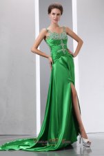 Court Train Green Teenager Prom Evening Dress Beading Ruch