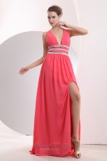 Halter Brush High Split Watermelon Prom Dress