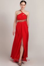One Shoulder Ankle-length Red Slit Prom Dress