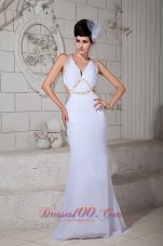 V-neck White Brush Criss Cross Prom Evening Gown