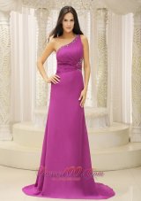 One Shoulder Beaded Brush Fuchsia Prom Dress