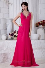 Coral Red Prom Dress V-neck Brush Cross Back Beading