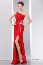 Cheap Red Prom Dress One Shoulder Beading Slit