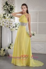 Yellow Halter Beading Prom Graduation Dress Backless