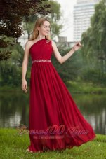 One Shoulder Wine Red Prom Dress Chiffon Beading