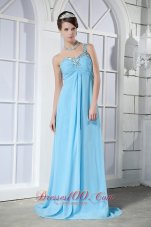 One Shoulder Prom Dress Brush Beading Light Blue