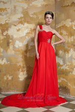 Red Empire One Shoulder Prom Dress Beading Watteau