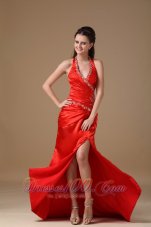 Halter Deep Neck Beading Prom Dress Side Split