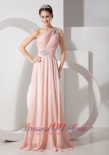 One Shoulder Ruched Baby Pink Prom Dress Brush