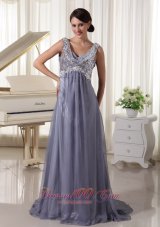 Sequins Brush Train V-neck Grey Evening Dress