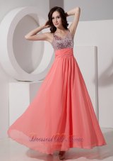 Sequined Straps Watermelon Ankle-length Prom Holiday Dress