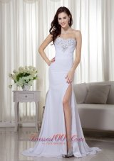 White Ruching High Slit Beaded Celebrity Dress