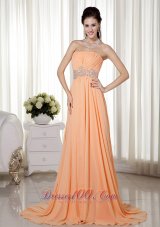 Brush Train Light Orange Beading Prom Gown Ruched