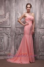 Watermelon Evening Dress with Beads Brush Train