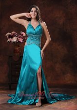 Side Cut High Slit Halter Turquoise Prom Dress