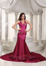 Burgundy Chapel Train Train Prom Celebrity Dress Embroidery