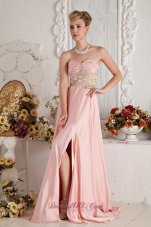 Brush Baby Pink Front Slit Prom Dress Beaded