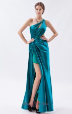 One Shoulder Beading Teal Ruched Prom Dress Keyhole