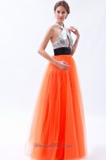 Sequined Halter Orange Red Prom Dress with Tulle