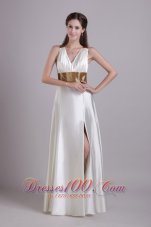 Front Slit V-neck White Evening Dress Sashed