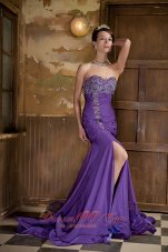 Purple Mermaid Beading Front Split Chiffon Prom Evening Dress