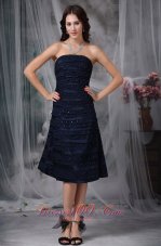 Navy Knee-length Beaded Lace Ruch Bridesmaid Dress