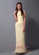 Halter Light Yellow Column Brush Train Prom Dress