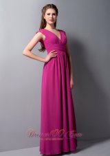 Fuchsia Column V-neck Ruch Prom Dress Waistband