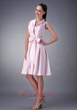 T Shirt Like Collar Tea-length Beading Bridesmaid Dress