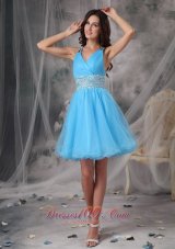 Aqua A-line Straps V-neck Beading Prom Cocktail Dress