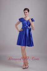 Cap Sleeves Blue Mini Bridesmaid Dress V-neck Beaded