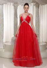 V-neck Red Chiffon Beading Decorate Prom Evening Dress