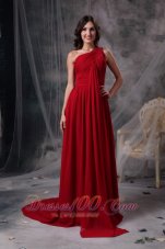 One Shoulder Brush Train Chiffon Red Evening Dress