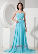 Aqua Blue Brush Train Evening Dress Chiffon Beaded