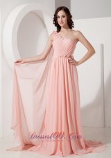 Appliques Watteau Baby Pink One Shoulder Evening Dress