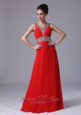 Red Beaded V Neckline Empire Prom Dress Chiffon