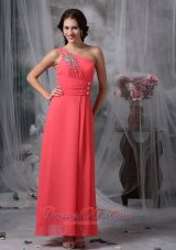 Ankle-length Coral Red Beaded One Shoulder Evening Dress