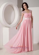 Baby Pink Chiffon Evening Dress Beaded Brush Train