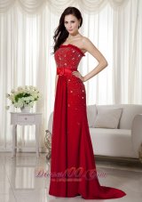 Sashed Wine Red Beaded Brush Train Prom Holiday Dress