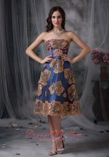 Appliques Taffeta Navy Blue Tea-length Evening Dress