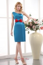 One Shoulder Sky Blue Bow Mini-length Cocktail Dress