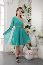 Asym Sleeve Knee-length Turquoise Beaded Bridesmaid Dress